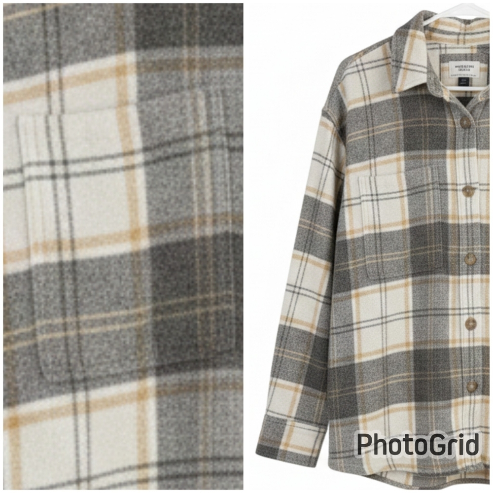 ♻️American Eagle Plaid Shacket – Beige Cream Gray Flannel Button Down